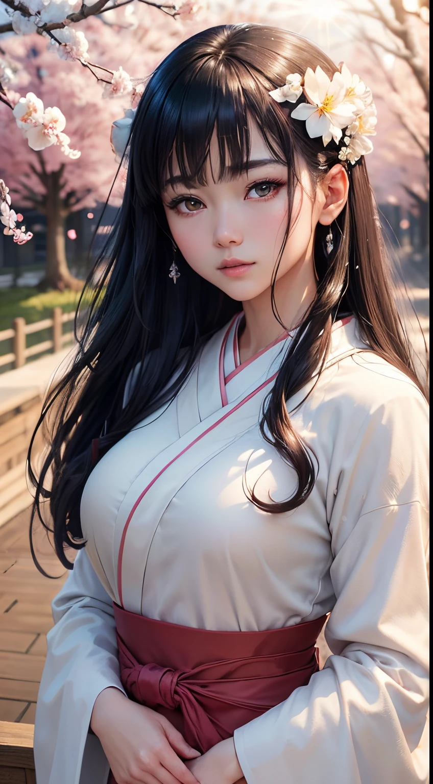 (A logo、​masterpiece、8K、masutepiece、Raw photo、Fantastic、Best Quality、8K wallpaper that combines photorealism and high-definition CG、hightquality、ighly detailed、epic poem、Particle effect、Dynamic effects、depth of fields、Cinematic Light、Lens Flare、Ray tracing)、Fantasia、 (1 beautiful woman in a white coat、robe blanche、Japanese dress、A dark-haired、Beautiful face、Real Face、beautiful details eyes beautiful skin、)、Pink cherry blossom tree、Petals flutter、Sakura blizzard、Superb view、morning glow、Sun in the background、the wind、Deities、tusk、myth、Vast Land、