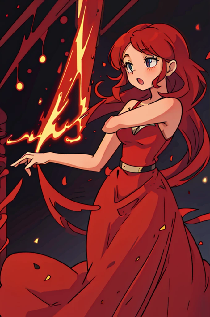girl, red hair, full body, long red dress with splits, standing straight, singing on stage of a jazz club, bare shoulders