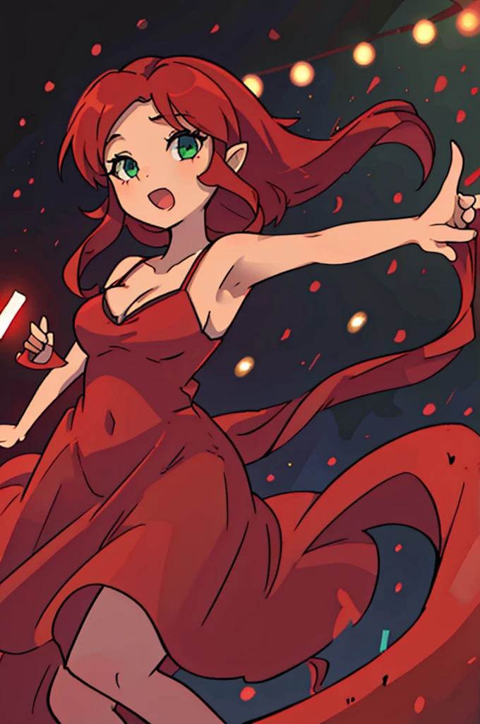 girl, red hair, full body, long red dress with splits, standing straight, singing on stage of a jazz club, bare shoulders