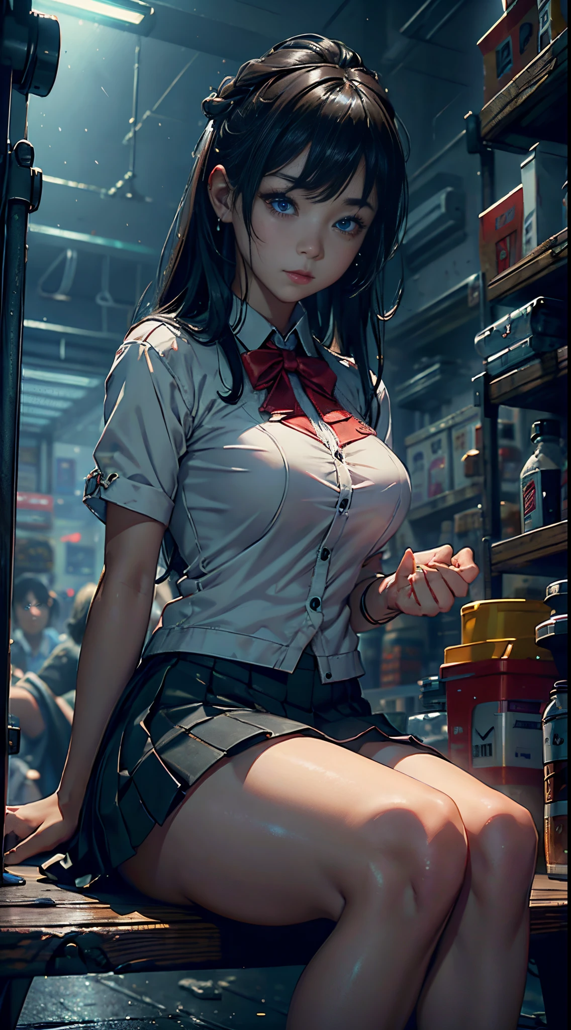 1个Giant Breast Girl, black hair color hair, whiteskirt, sitting on a bench, Tramac drops, perfect eyes, perfect hand, 超高分辨率, Movie Angle, profesional lighting, Best quality, tmasterpiece, Side seams, Sharp, Perfect focus，corner store，fantasy_world，（Elaborate Eyes：1.3），realistically，（3D脸：1.1），（Glow skin：1.5），（Ultra high resolution complex facial details skin pores：1.3），Ultra high resolution fabric texture，8k eye details，8K  students，