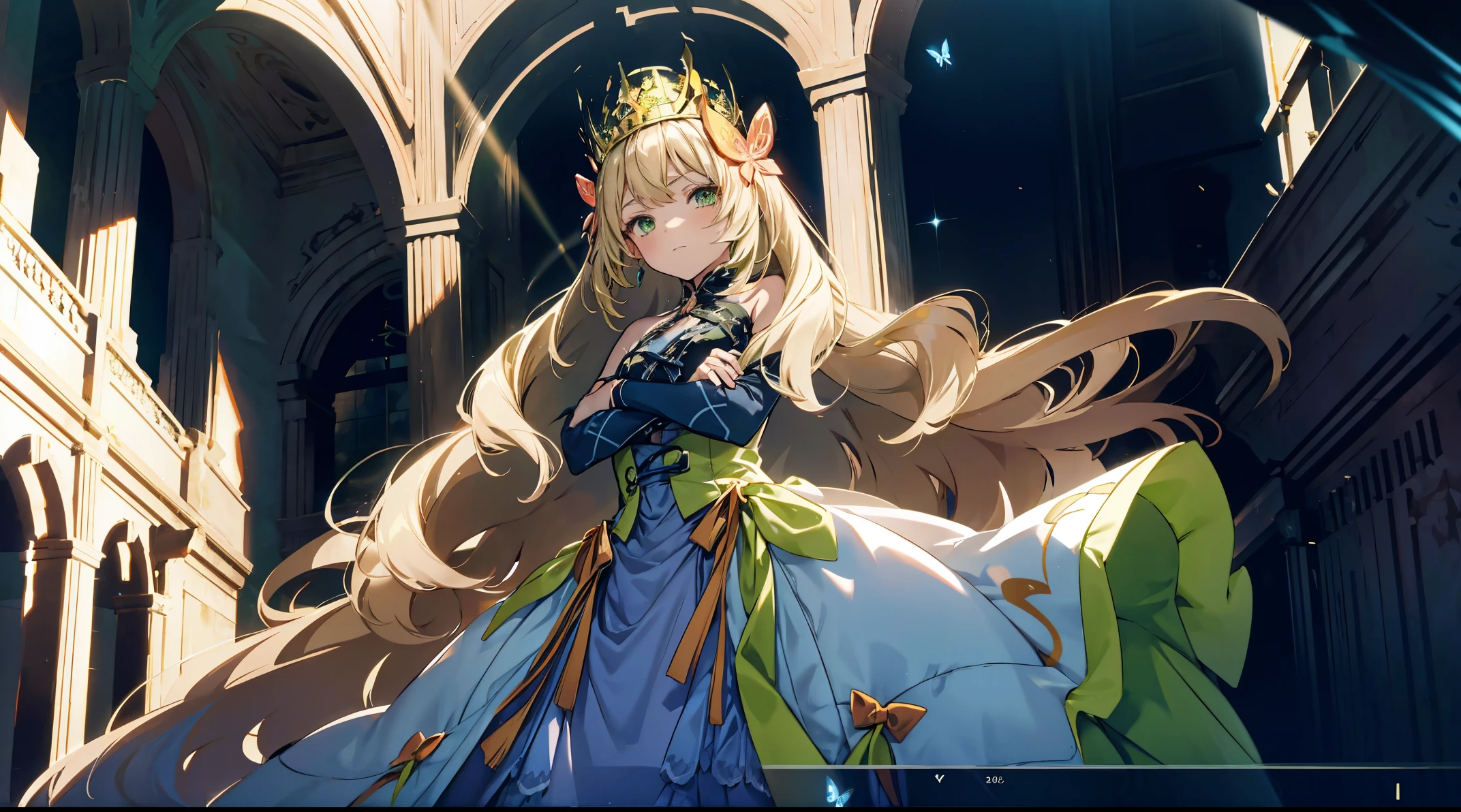 the anime character wears a long dress with blue and black colors in it, 1girl, solo, butterfly, green eyes, dress, bug, long hair, crossed arms, looking at viewer, hair ornament, crown