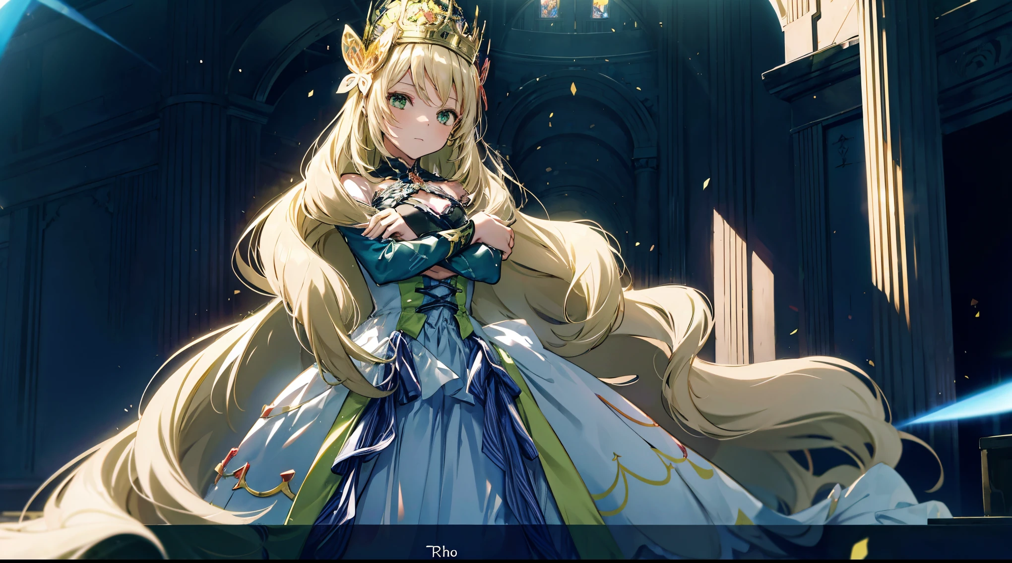 the anime character wears a long dress with blue and black colors in it, 1girl, solo, butterfly, green eyes, dress, bug, long hair, crossed arms, looking at viewer, hair ornament, crown