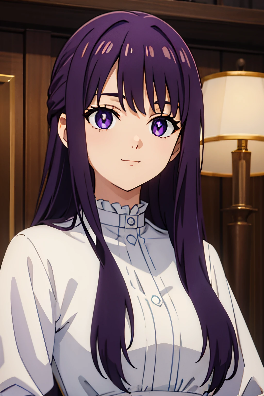 (masterpiece, best quality:1.2), close-up image of a person with long purple hair and white shirt, purple eyes, bulli, wearing [ [ 1st 2nd century, leaving the room, ultra detailed, best quality, expressive eyes, perfect face, ultra hight quality, ultra detail, hight quality, best quality, smile at me