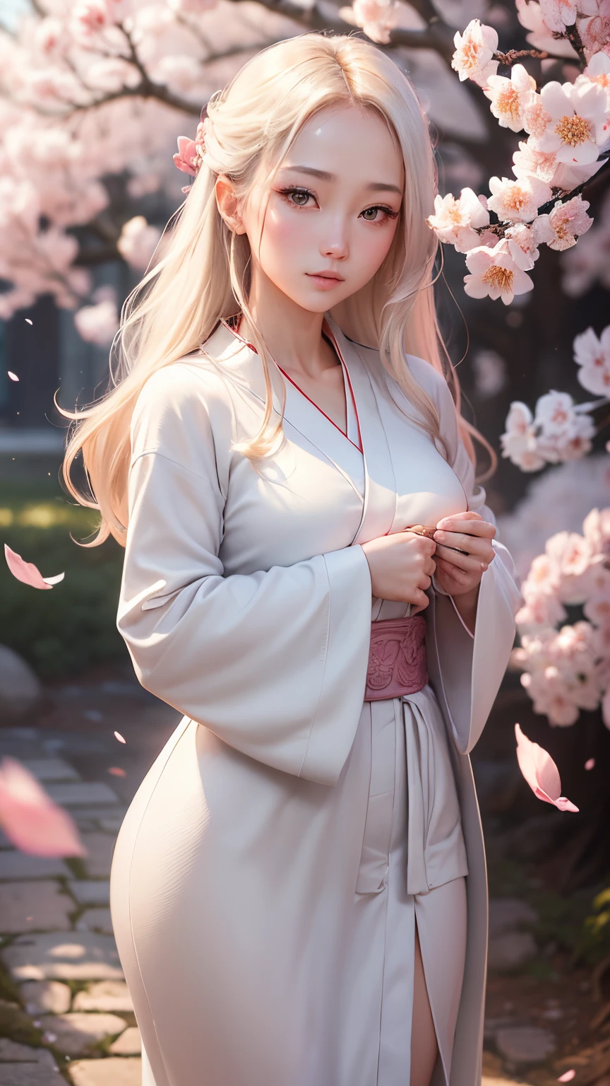 (A logo、masterpiece、8K、masutepiece、Raw photo、Fantastic、Best Quality、Photorealistic and highly detailed CG integrated 8K wallpaper、hightquality、ighly detailed、epic poem、Particle effect、Dynamic effects、depth of fields、Cinematic Light、Lens Flare、Ray tracing)、Fantasia、(1 beautiful woman in a white coat、robe blanche、Japanese style dress face、Real Face、beautiful details eyes beautiful skin)、Pink cherry blossom tree、Petals flutter、Sakura blizzard、Superb view、morning glow、Sun in the background、the wind、Deities、tusk、myth、Vast Land、