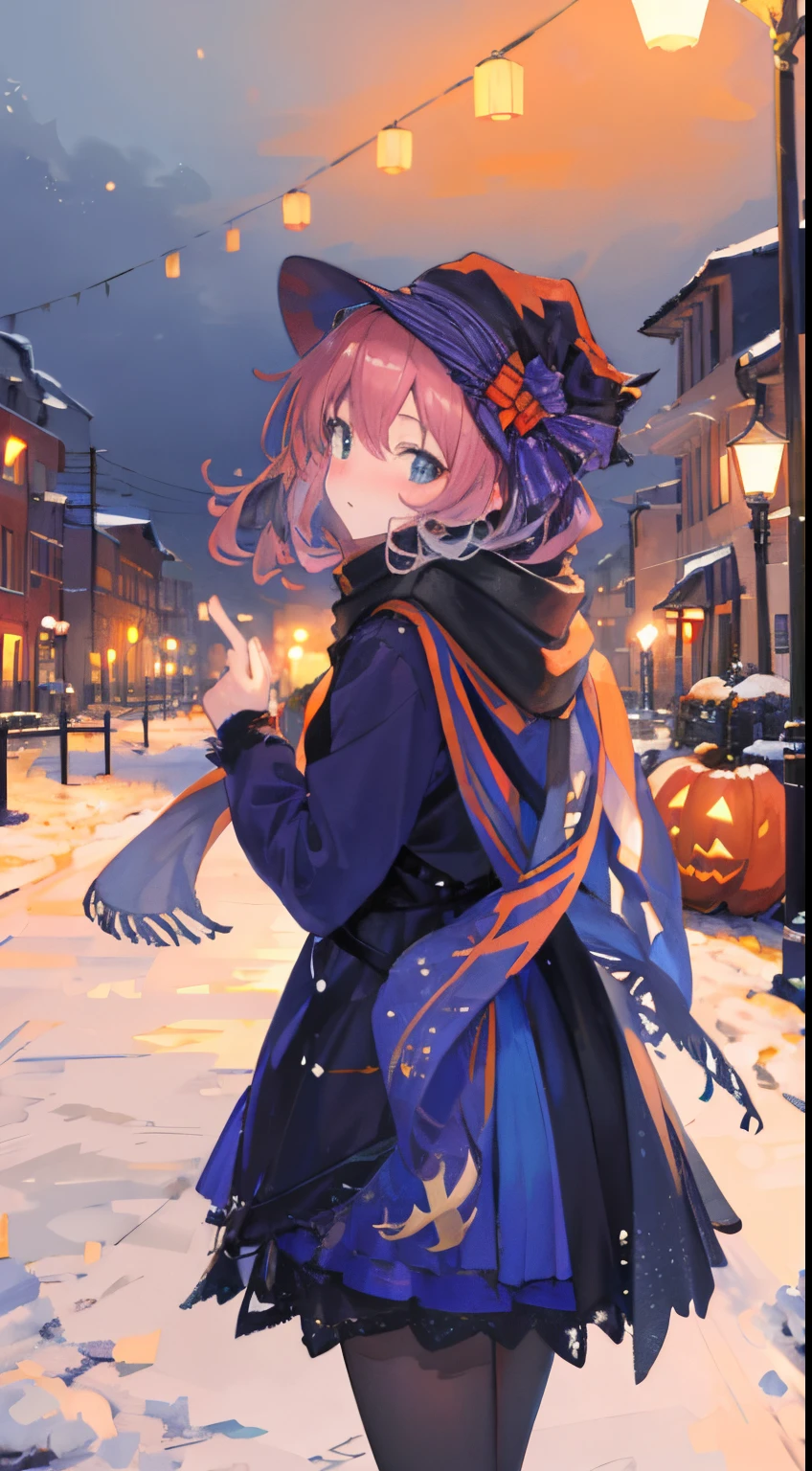 best quality,4k,8k,highres,masterpiece:1.2,ultra-detailed,realistic,photorealistic:1.37,street,Halloween decorations,traveling together,big snowfall,scarf,blushing faces,turning around