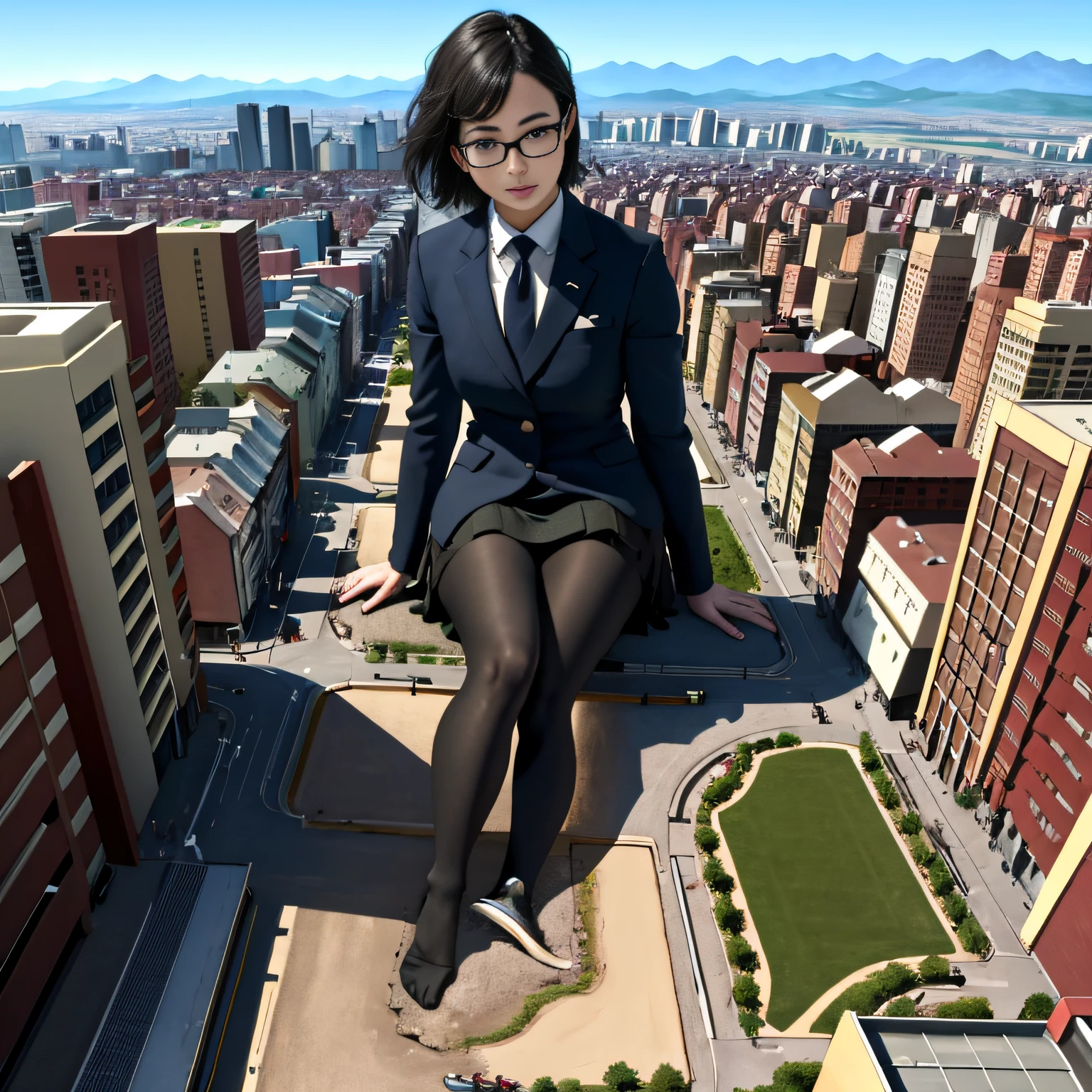 Multiple girls, Bird View, giantess art, a hyperrealistic schoolgirl, highly detailed giantess shot, der riese, Shorthair, Black pantyhose, A gigantic high school girl that exceeds a skyscraper, Wearing rimless glasses, Colossal tits, Navy blue blazer, Red tie, Mini Length Skirt, Black pantyhose, Pantyhose sole, Pantyhose Toe, hands off shoes, very small metropolis, Trying to destroy a miniature metropolis, Full body depiction, nffsw, Giga Giants, der riese, Black pantyhose, Pantyhose legs, Pantyhose sole, Stomping City, crash city, Small town, micro city,