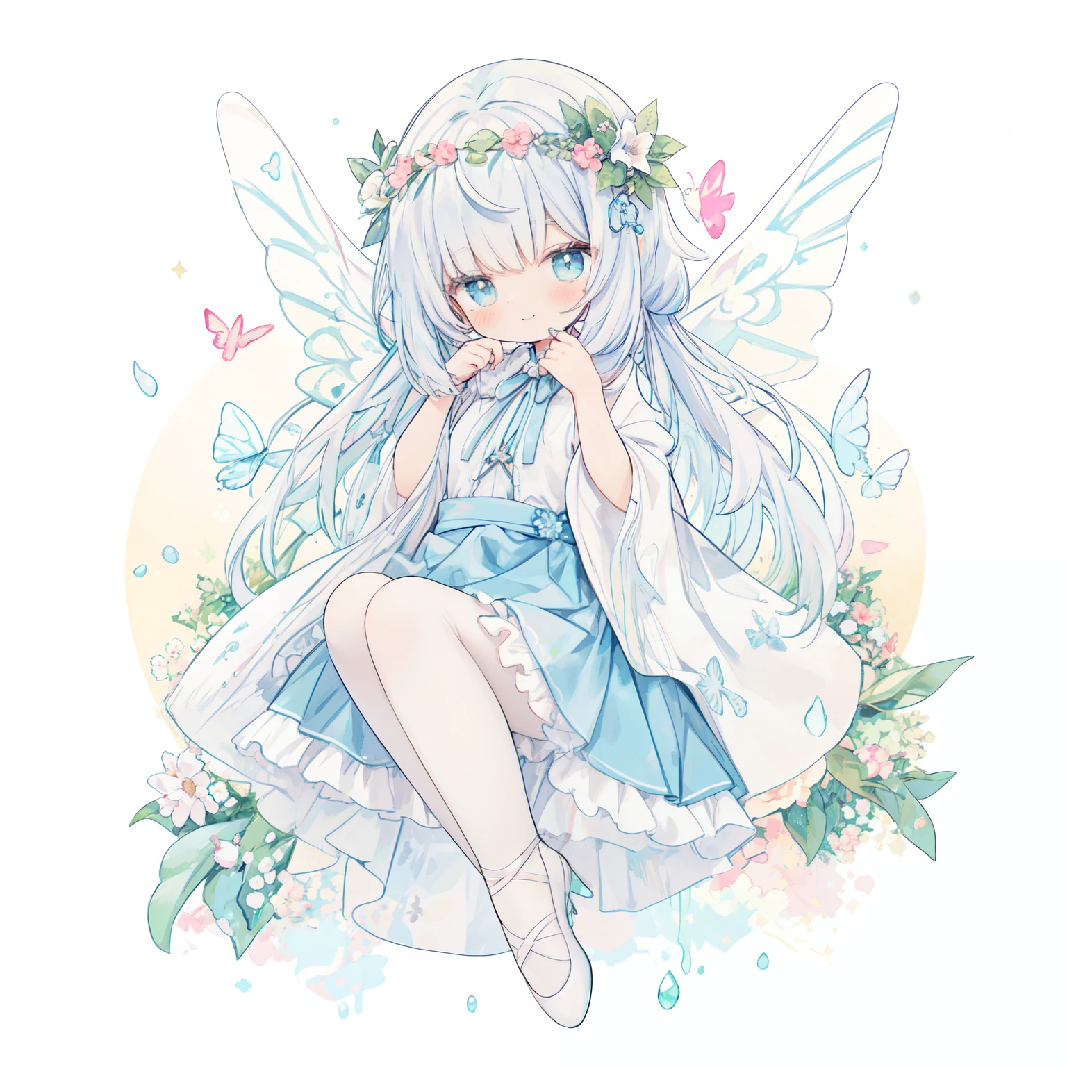 1girl in、(PastelColors:1.3)、(Cute illustration:1.3)、(watercolor paiting:1.1)、On White Background、jumpping、levitation、A smile、Aster Harmony Garden Sprite,White snow、Noelle、silber hair、
Jumpsuit with oversized butterfly wings in pastel colors,
Playful ruffles and layers create a whimsical touch,
Narrow your waist to create a beautiful silhouette,
something that wears a wreath decorated with flowers,
I tied a ribbon to my braided hair.....:1.3.....,
Lace-up sandals or ballet shoes with ribbon ties,
Moist makeup with pastel eyeshadow,
Add glitter and petal accents to the cheeks,
、 ,Thick wool gown:0.4
