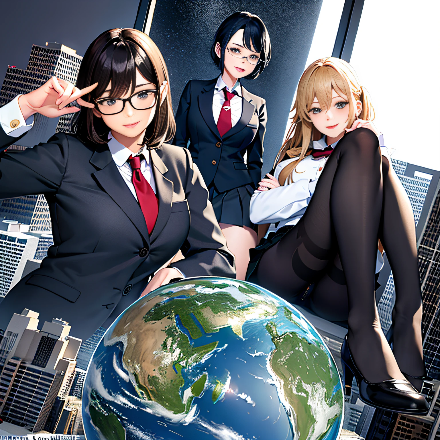 Multiple girls, Bird View, giantess art, a hyperrealistic schoolgirl, highly detailed giantess shot, der riese, Shorthair, Black pantyhose, A gigantic high school girl that exceeds a skyscraper, Wearing rimless glasses, Colossal tits, Navy blue blazer, Red tie, Mini Length Skirt, Black pantyhose, Pantyhose sole, Pantyhose Toe, hands off shoes, very small metropolis, Trying to destroy a miniature metropolis, Full body depiction, nffsw, Giga Giants, der riese, Black pantyhose, Pantyhose legs, Pantyhose sole, Stomping City, crash city, Small town, micro city,