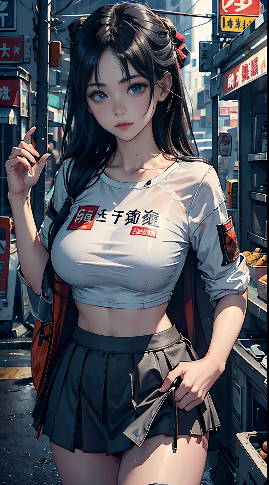 1 Sister, black hair color hair, whiteskirt, under bust shirt,a skirt, perfect  eyes, perfect hand, 超高分辨率, Movie Angle, profesional lighting, Best quality, tmasterpiece, Side seams, Sharp, Perfect focus，Corner store，Fantastical_A WORLD，（Elaborate Eyes：1.3），realistically，（3D脸：1.1），（Glow skin：1.5），（Ultra high resolution complex facial details skin pores：1.3），Ultra-high resolution fabric texture，8k eye details，8K primary school students，