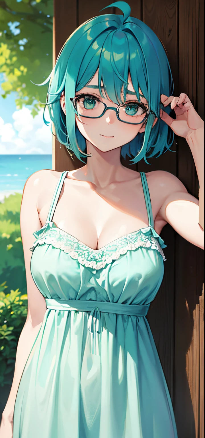 1girl, solo, {53 years old, milf, teal and green hair, messy hair, asymmetrical hair, ahoge, very short hair, aqua eyes, medium breasts, pale skin, glasses}, cute dress, summer