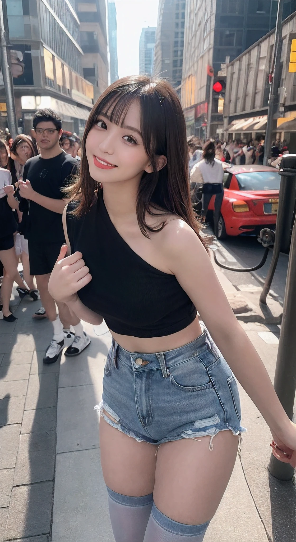masutepiece, Best Quality, Illustration, Ultra-detailed, finely detail, hight resolution, 8K Wallpaper, Perfect dynamic composition, Beautiful detailed eyes, Off-shoulder t shirt and denim mini shorts,Bob Hair, mid-chest, Natural Color Lip, Random and sexy poses,Smile,20 years girl Colossal tits、nightclub、sheer body stockings、