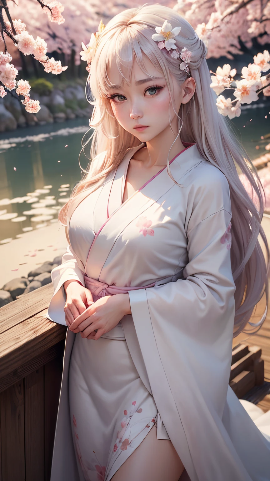 (A logo、masterpiece、8K、masutepiece、Raw photo、Fantastic、Best Quality、Photorealistic and highly detailed CG integrated 8K wallpaper、hightquality、ighly detailed、epic poem、Particle effect、Dynamic effects、depth of fields、Cinematic Light、Lens Flare、Ray tracing)、Fantasia、(1 beautiful woman in a white coat、robe blanche、Japanese style dress face、Real Face、beautiful details eyes beautiful skin)、Pink cherry blossom tree、Petals flutter、Sakura blizzard、Superb view、morning glow、Sun in the background、the wind、Deities、tusk、myth、Vast Land、