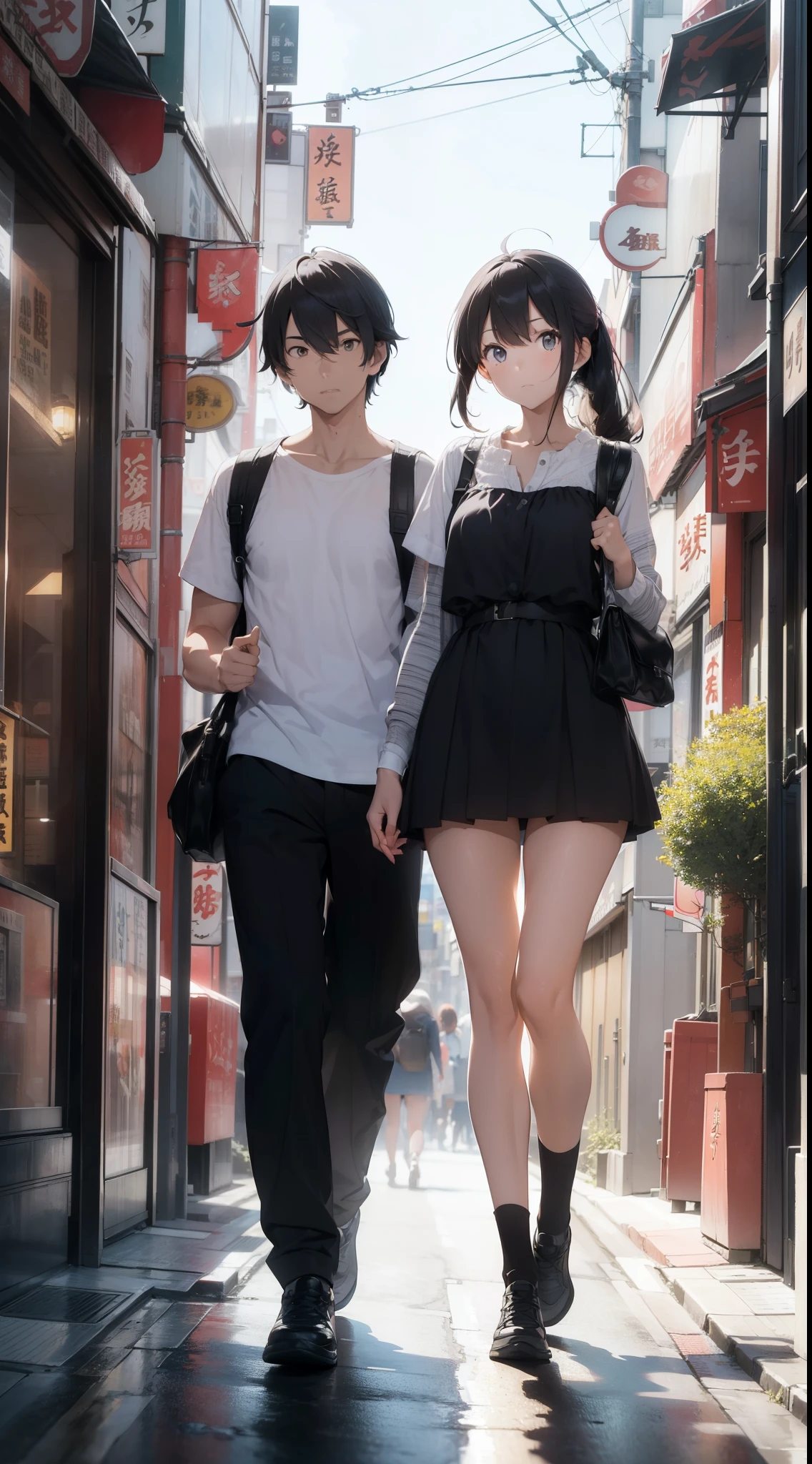 ((Perfect couple tall boy and beautiful girl)) (((full body))), full body, (walking in the street of Japan)
