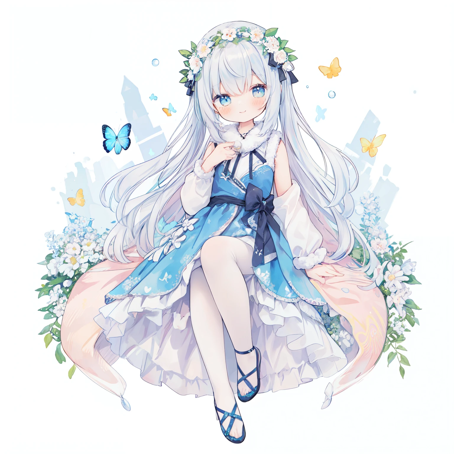 1girl in、(PastelColors:1.3)、(Cute illustration:1.3)、(watercolor paiting:1.1)、On White Background、jumpping、levitation、A smile、Aster Harmony Garden Sprite,White snow、Noelle、silber hair、
Jumpsuit with oversized butterfly wings in pastel colors,
Playful ruffles and layers create a whimsical touch,
Narrow your waist to create a beautiful silhouette,
something that wears a wreath decorated with flowers,
I tied a ribbon to my braided hair......:1.3.....,
Lace-up sandals or ballet shoes with ribbon ties,
Moist makeup with pastel eyeshadow,
Add glitter and petal accents to the cheeks,
、 ,Thick wool gown:0.4