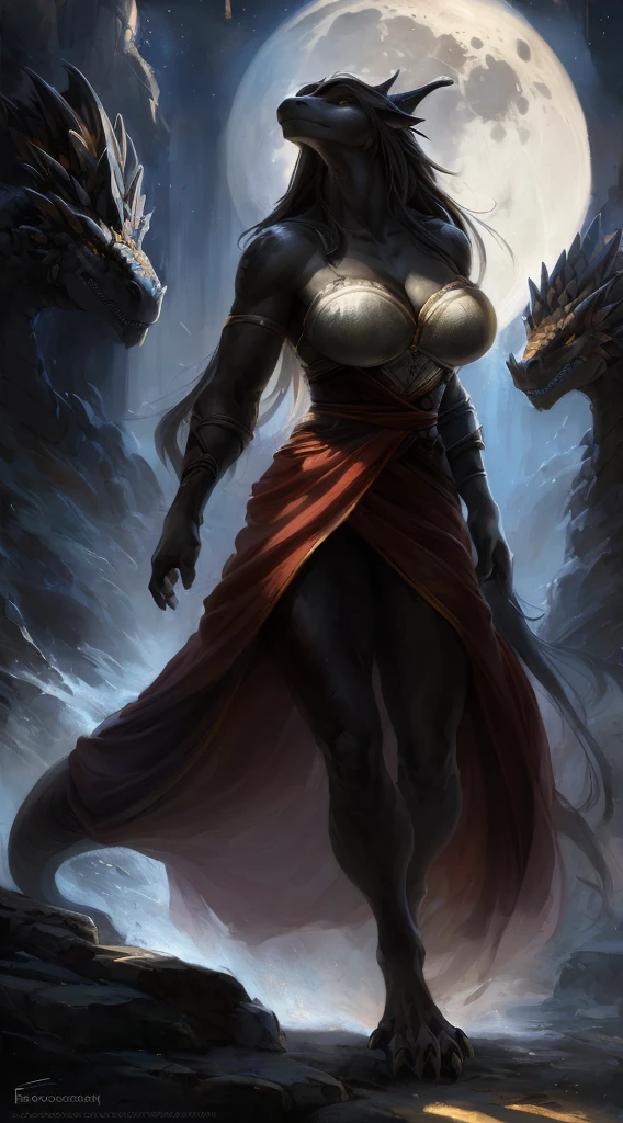 Dragon girl, big chest, day, sexy, sensual, detailed, uploaded to e621, beautiful and detailed portrait of an powerful anthropomorphic dragon ((female))) kenket, ross tran, ruan jia, uploaded to e621, zaush, foxovh, scalie, silver scalie, movie lighting, standing, moon lights, open legs, long hair, muscular, large breats, epic realism, Black skin, Red dress, Large neckline, Full body