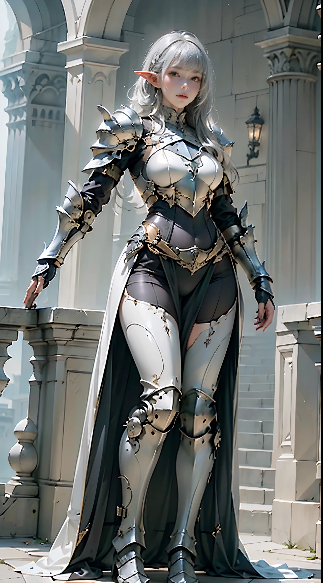 photorealistic, high resolution, (elf), 1 women, solo, hips up, look at viewer, (detailed face), Blunt Bangs, white hair, ((light + white knight armor)), long black glovelack pantyhoses， standing pose with white boots, angle wings