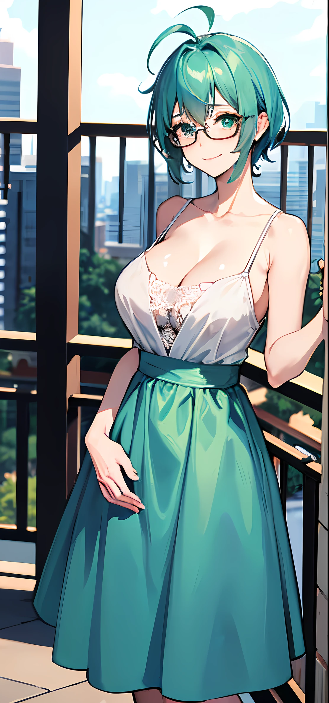 1girl, solo, {53 years old, milf, teal and green hair, messy hair, asymmetrical hair, ahoge, very short hair, aqua eyes, medium breasts, pale skin, glasses}, balcony, elegant dress, smile