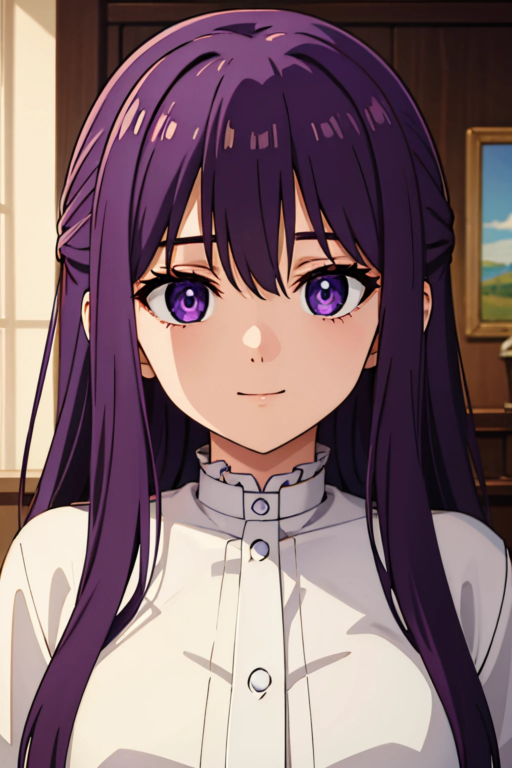 (masterpiece, best quality:1.2), close-up image of a person with long purple hair and white shirt, purple eyes, bulli, wearing [ [ 1st 2nd century, leaving the room, ultra detailed, best quality, expressive eyes, perfect face, ultra hight quality, ultra detail, hight quality, best quality, smile at me