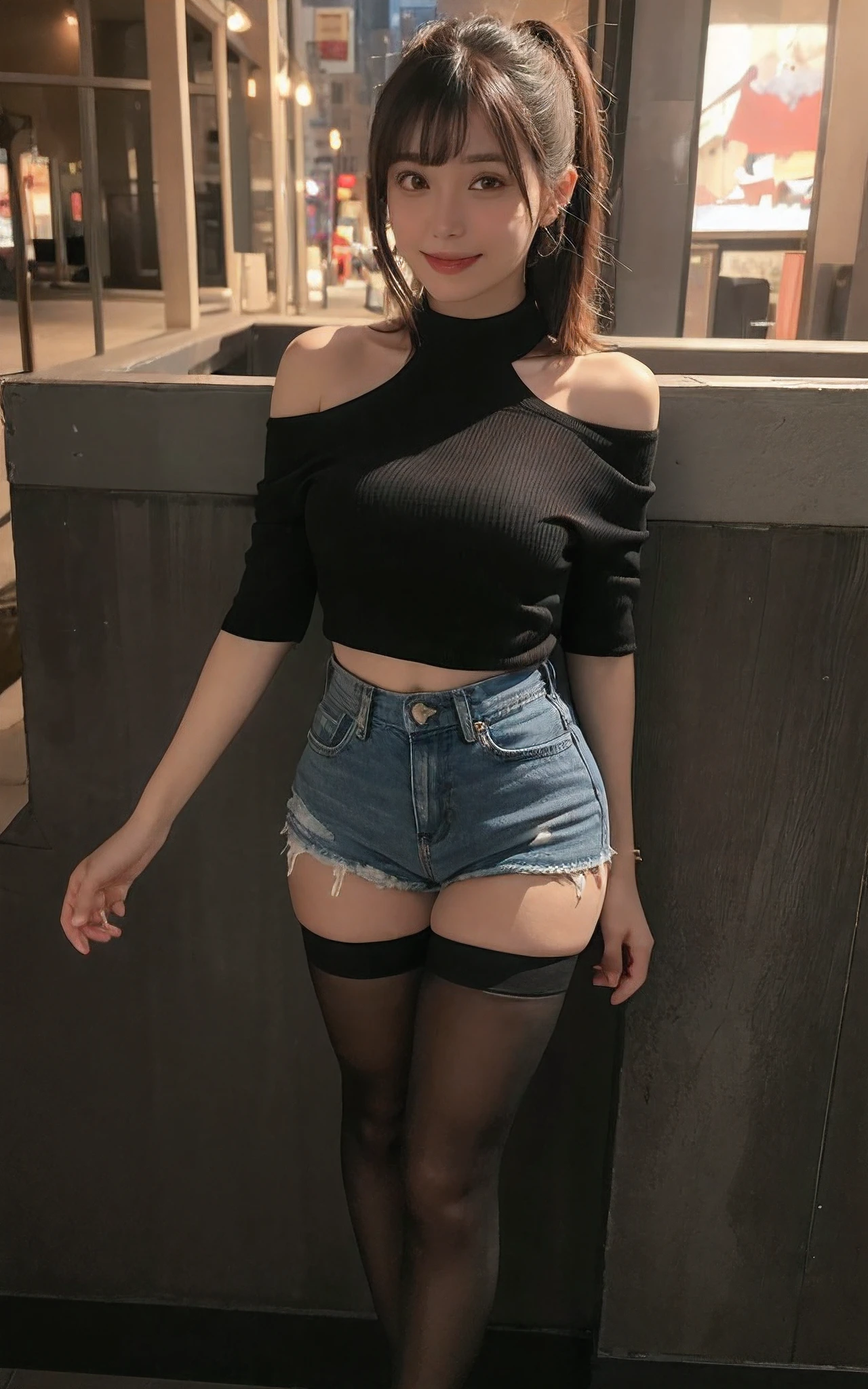 masutepiece, Best Quality, Illustration, Ultra-detailed, finely detail, hight resolution, 8K Wallpaper, Perfect dynamic composition, Beautiful detailed eyes, Off-shoulder t shirt and denim mini shorts,Bob Hair, mid-chest, Natural Color Lip, Random and sexy poses,Smile,20 years girl Colossal tits、nightclub、sheer body stockings、
