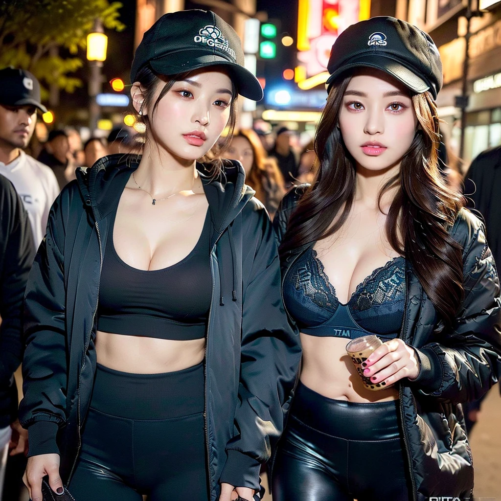 ((Top Quality, 8k, Masterpiece: 1.erfect Body Shape Pretty Woman: 1.4, Slender Abs: 1.3, ((Dark Brown Hair, Huge Breasts: 1.2)), Highly Detailed Face and Skin Texture, Detailed Eyes, Double Eyelids, parted_lips, sexy red lips, large_breasts, cleavage, black tanktop, sexy dark blue yoga pants, flower desighn on dark blue yoga pants, big baggy jacket, black baseball hat, nightime city, bright nightlight city, dark brunnet hair, brunnet wavy hair, hair coming out of black hat, dark wavy bun coming out the back of black hat, black sport tanktop supporting boobs, sexy hourglass shape, ultra realistic 4k eyes, high deffinition eyes, very realistic backround, sexy smirk, slight smirk, slight smile, very buitiffull 8k eyes, showing calves, sexy round calves, looking into viewers eyes, black workout jacket, bitting tunge, sexy tunge bite, big thighs, slight stomach showing, tacktical hoodie, ((extreme detail)),(ultra-detailed) narrow extremely detailed eyes, extremely detailed cloths, black hat sitting low on head,walking down nighttime street, light makeup, light makeup blush, symmetrical eyes, realistic skin, holding boba tea in left hand, large boba tea cup, large boba tea cup, holding phone, white iphone