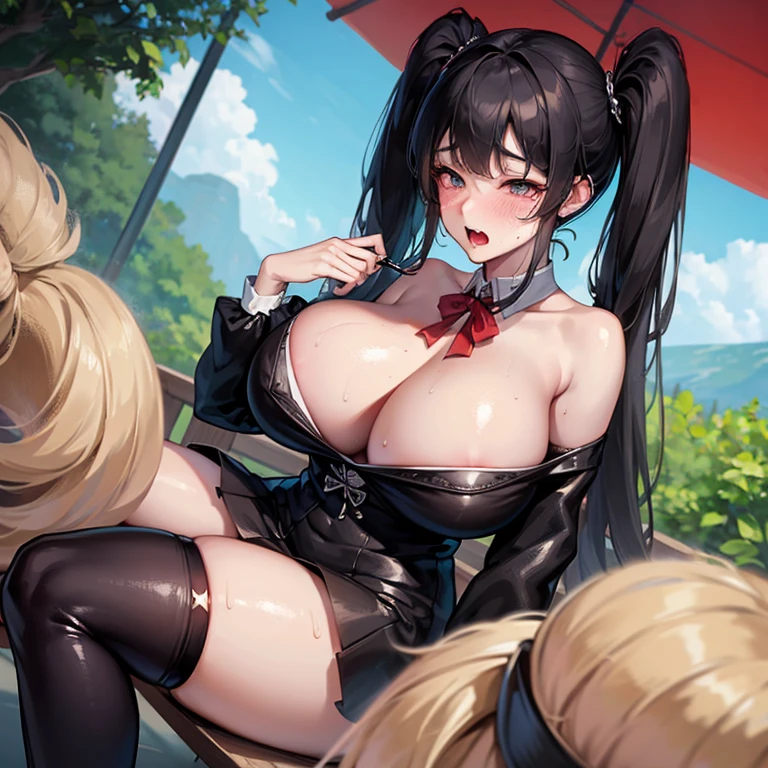 huge tits naked anime 、Twin-tailed hairstyle、tits out、Buttocks、Dark hair、Gothic ta、knee high、Sweating、full of sweat、seductiv、seduction face、Slightly open mouth、big areolae、Colossal tits、thick thighs