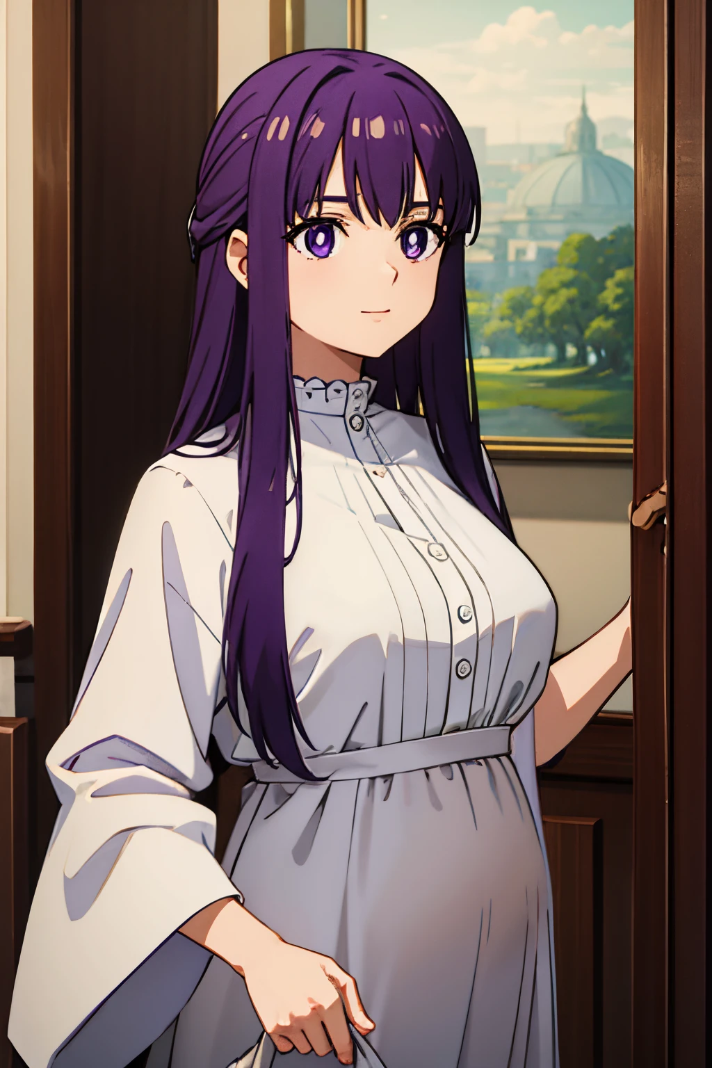 (masterpiece, best quality:1.2), close-up image of a person with long purple hair and white shirt, purple eyes, bulli, wearing [ [ 1st 2nd century, leaving the room, ultra detailed, best quality, expressive eyes, perfect face, ultra hight quality, ultra detail, hight quality, best quality, smile at me, pregnant