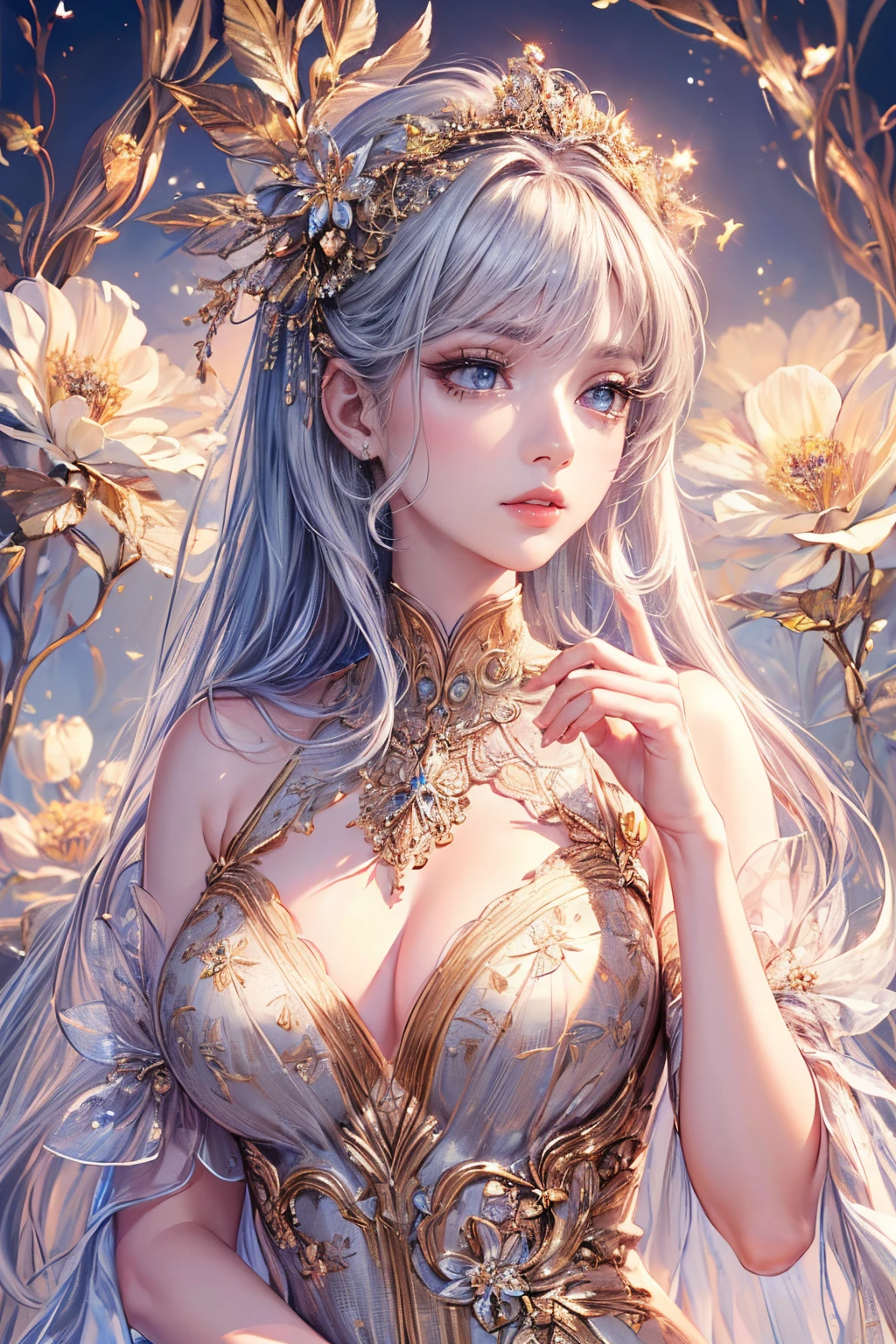 (best quality,8K,CG,elaborate upper body,loneliness,girl,dress,floral background,detailed facial features,long,elegant hair,almond-shaped eyes,exquisite eye makeup,fluttering long eyelashes,big blinking eyes,twinkling stars, intricate lip details,soft and harmonious style)