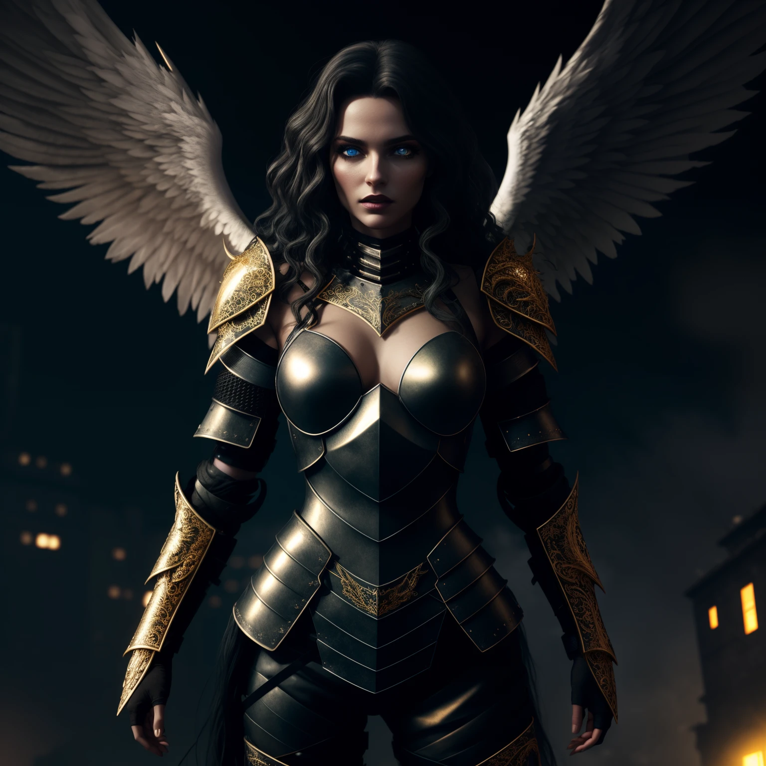 fallen angel warrior woman in black and gold intricate stitched (light armor:1.3) and black, long flowing white-haired, piercing blue eyes, wavy hair, fantasy, undercut hairstyle, intricate, sharp focus, highly detailed, hyperdetailed, intricate background, apocalyptic background, dark fantasy, volumetric lighting, octane render