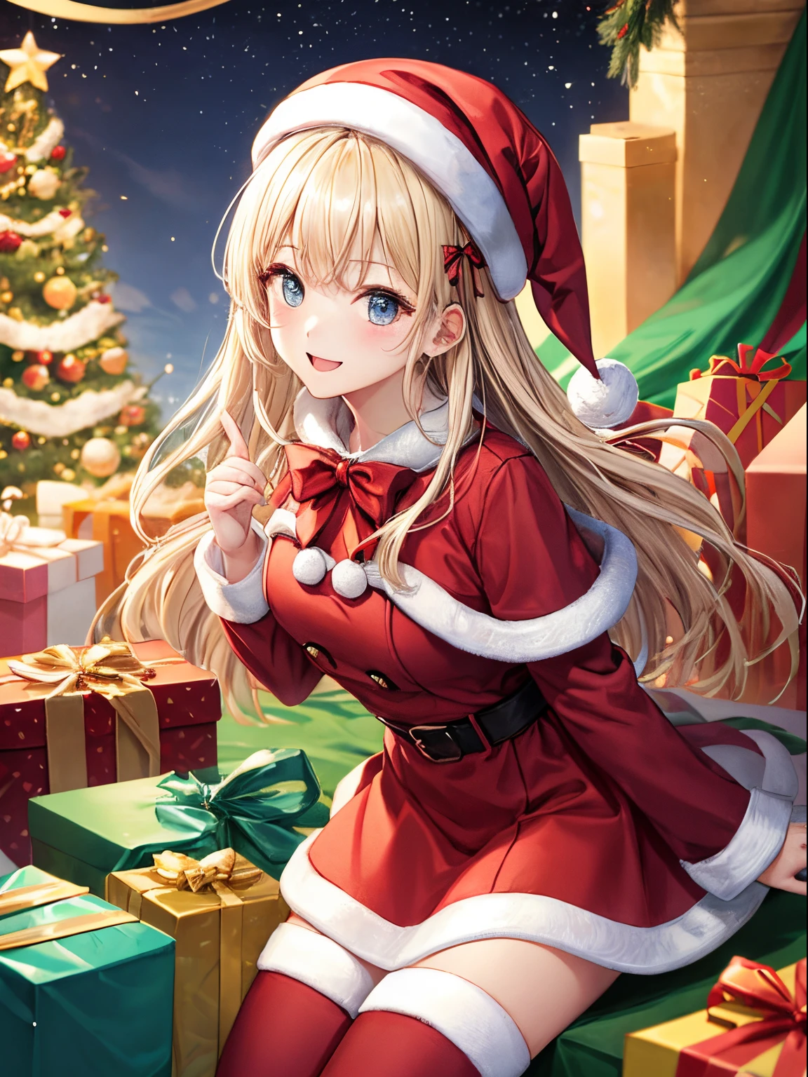 Girls vs...、Nothing background、without background、background travel、double tails、Two knots、White blonde、beret、bow ribbon、Christmas ban、santa、Red dress、kawaii