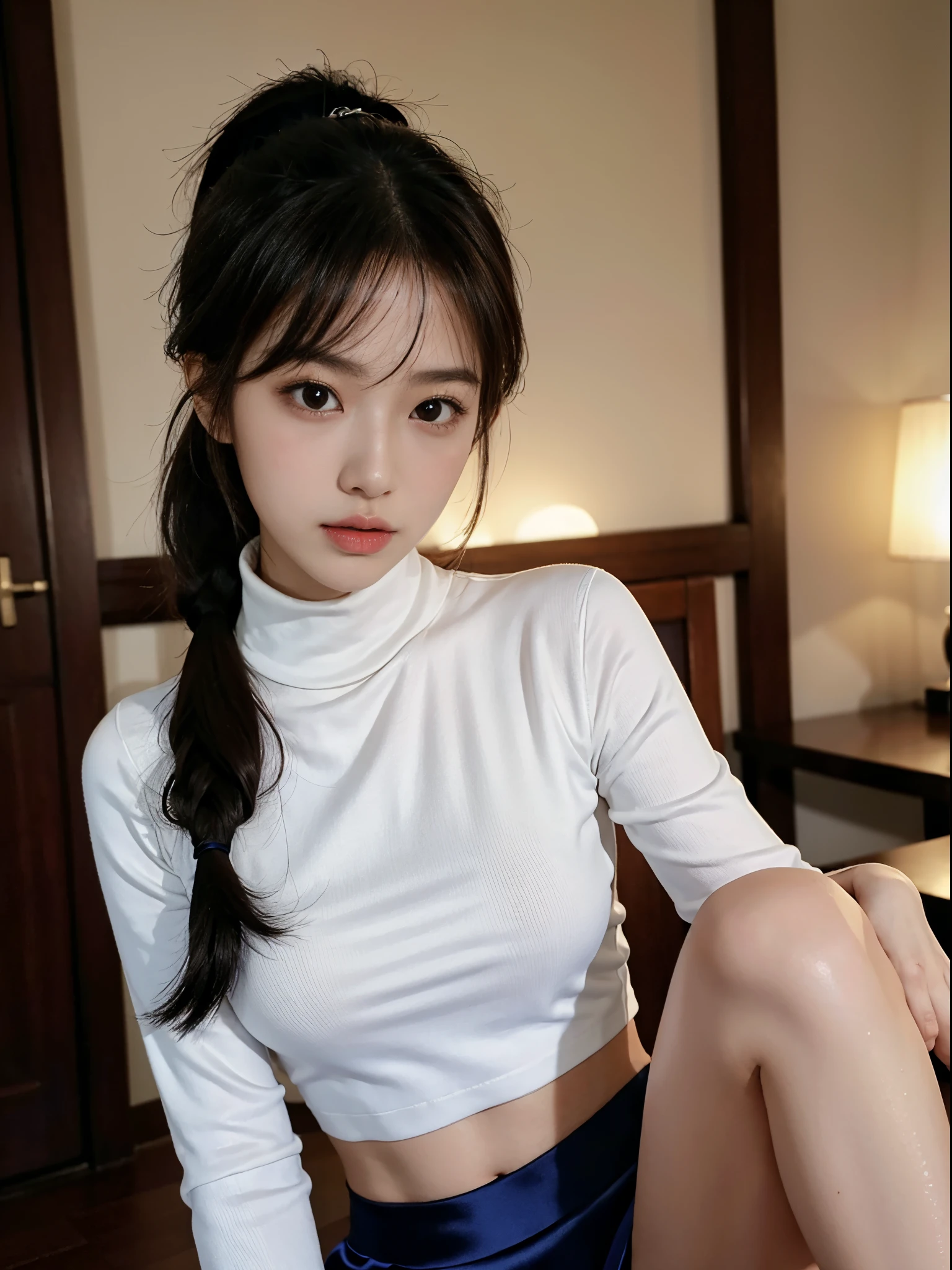 1girl, slender korean kpop idol and model ,ponytail hairstyle ,23 years old,soft body, big breast, fair skin,close-up, 8k, RAW photo, best quality, masterpiece,realistic, photo-realistic,cute,mansion , summer ,soft light, High image quality,( turtleneck top , satin bias mini skirt) , leg to head , whole body