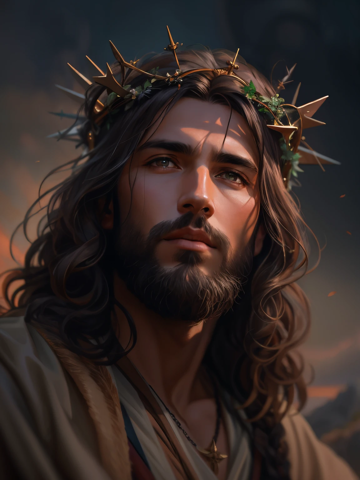 Jesus with crown of thorns on his head, Retrato de Jesus Cristo, 8k arte detalhada de alta qualidade, pintura detalhada 4K, Wojtek FUS, renderizado em corona, Jesus Cristo, by Hristofor Žefarović, baixo detalhamento. pintura digital, Directed by: Roman Bezpalkiv, 8k resolution digital painting, 8k resolution digital painting