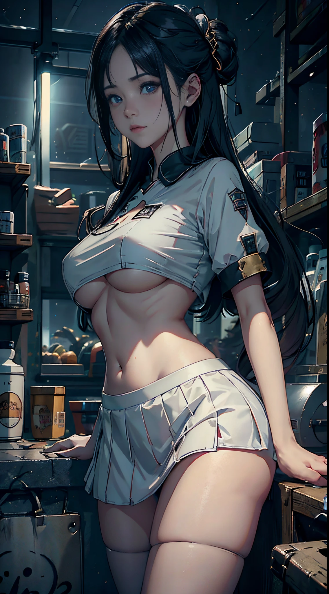 1 Sister, black hair color hair, whiteskirt, under bust shirt,a skirt, perfect  eyes, perfect hand, 超高分辨率,twilight，Cloud， Movie Angle, profesional lighting, Best quality at best, tmasterpiece, Side seams, Sharp, Perfect focus，corner store，dream-like_A WORLD，（Elaborate Eyes：1.3），realistically，（3D脸：1.1），（Glow skin：1.5），（Ultra high resolution complex facial details skin pores：1.3），Ultra-high resolution fabric texture，8k eye details，8K primary school students，