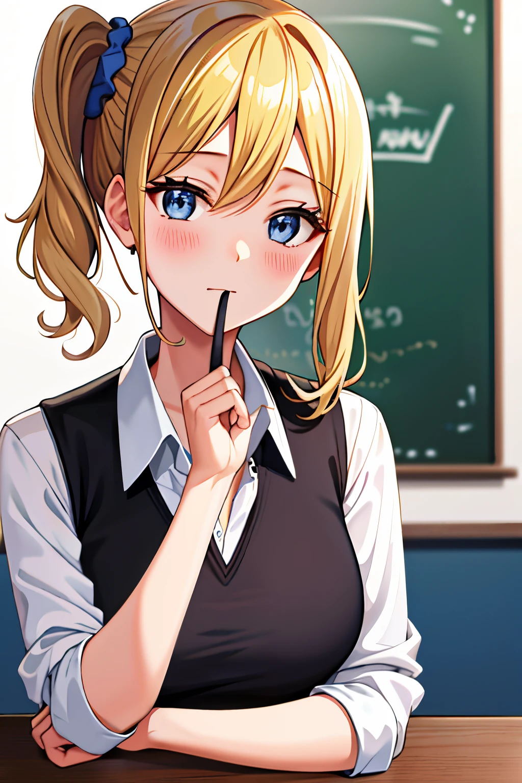 masterpiece, best quality, AiHayasakaV4, 1girl, solo, breasts, looking at viewer, blush, bangs, blue eyes, blonde hair,  background, shirt, hair ornament, white background, hair between eyes, jewelry, closed mouth, school uniform, white shirt, upper body, collared shirt, necklace, side ponytail, scrunchie, hair scrunchie, blue nails, blue scrunchie, shuuchiin academy school uniform