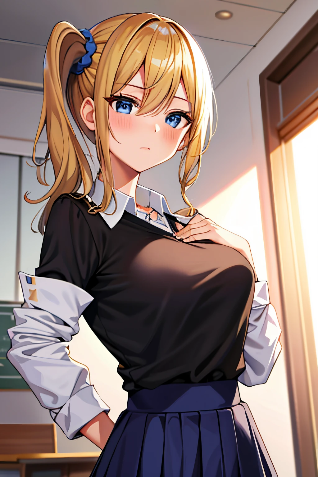 masterpiece, best quality, AiHayasakaV4, 1girl, solo, breasts, looking at viewer, blush, bangs, blue eyes, blonde hair,  background, shirt, hair ornament, white background, hair between eyes, jewelry, closed mouth, school uniform, white shirt, upper body, collared shirt, necklace, side ponytail, scrunchie, hair scrunchie, blue nails, blue scrunchie, shuuchiin academy school uniform