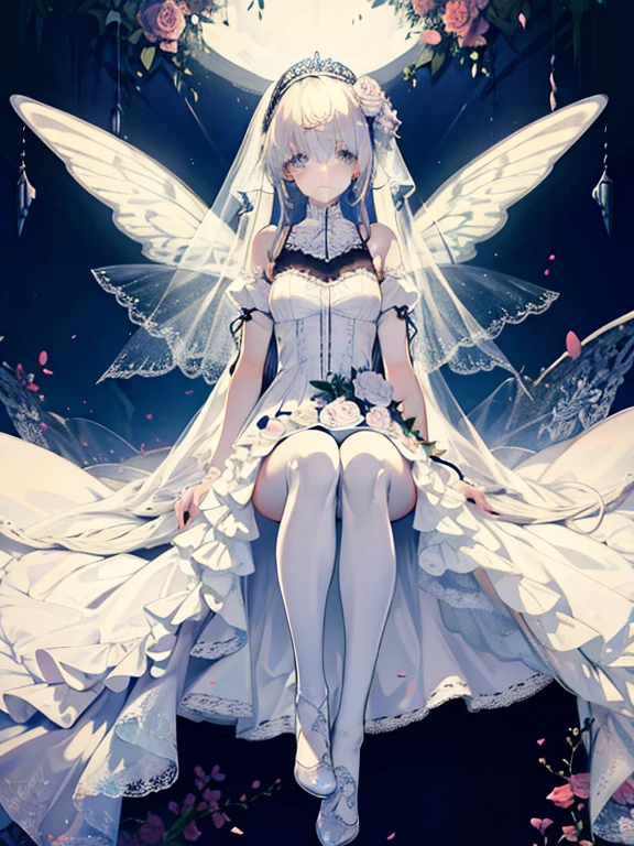 silber hair,butterflys,Long whit hair,white wedding dress,8k wallpaper,detailedbackground,Highest high resolution,Deep V Big,Hair covering one eye,Bandeau Wedding Dress,chies,White Rose,tight fitted,stockings