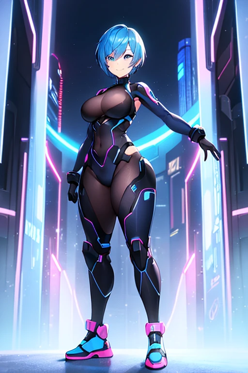 1girl, breasts, large breasts, blue hair, very short hair, pixie cut, bodysuit, black bodysuit, blue trim, science-fiction, futuristic, tech, neon trim, neon, smile, full body, sneakers, shoes, ((full body)), pantyhose