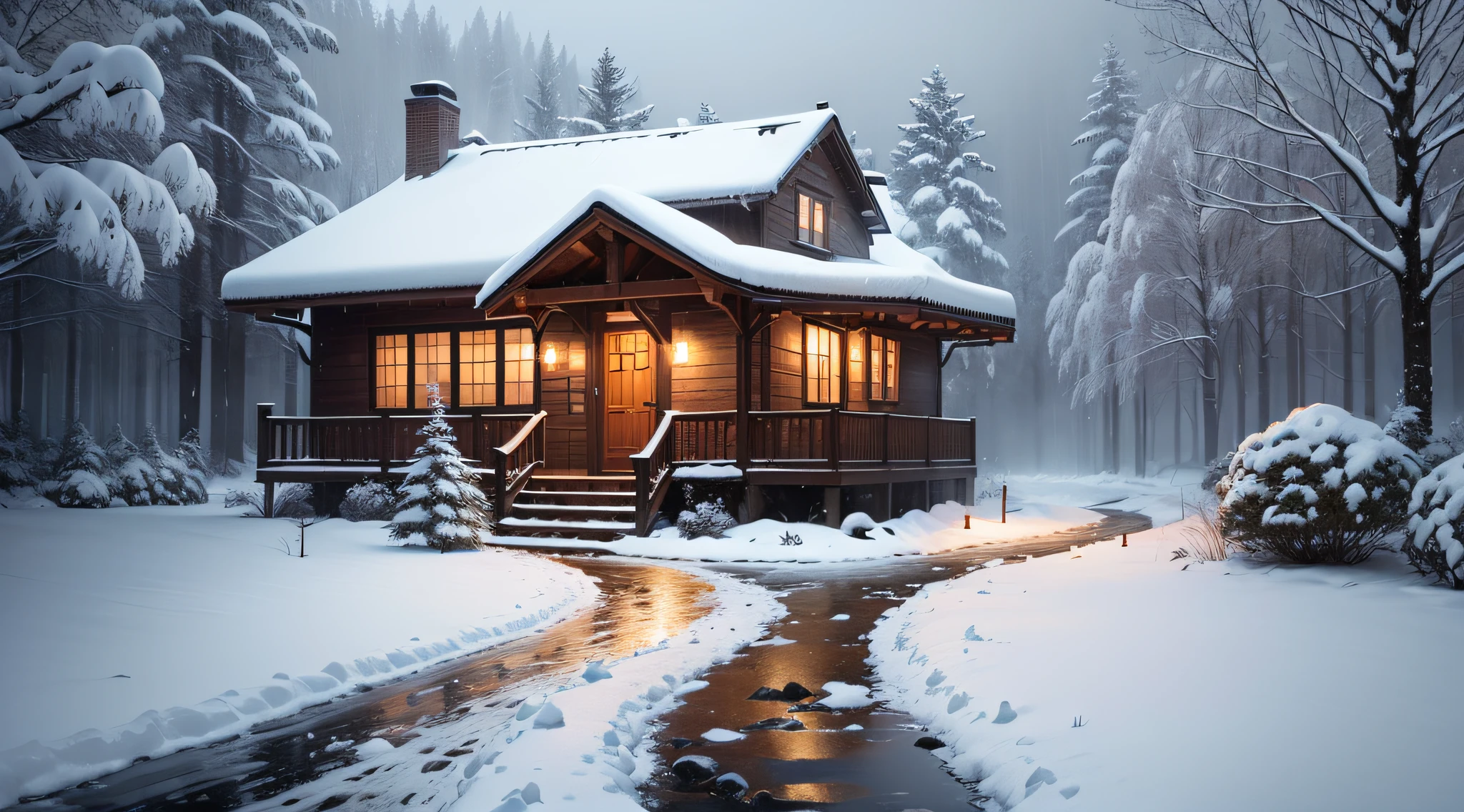 (best quality, highres, ultra-detailed:1.2), snowy landscape, cozy wooden house surrounded by white snow and rain drops, vibrant red leaves on an aged tree next to the house, falling snowflakes, realistic winter scenery, peaceful atmosphere, soft natural lighting, textured wood grain, contrasting colors between the white snow and the red leaves, snowy rooftop, smoke coming out of the chimney, small path leading to the house, serene ambiance, crisp air, nostalgic feeling, wet ground, wet tree bark, raindrops on the window, natural sounds of falling rain, wintertime tranquility, chilly weather, winter wonderland.