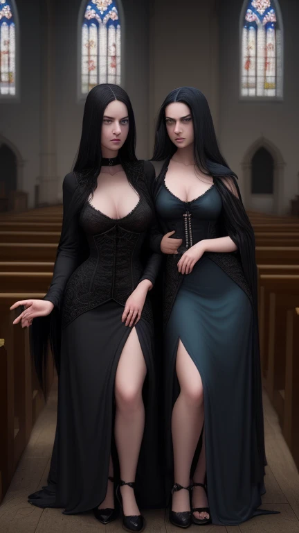 two sisters of different ages, lesbians, black hair, blue eyes, long hair, arrogant, sexy, mysterious, curvy, realistic, witches, vampire, catholic, in church full body