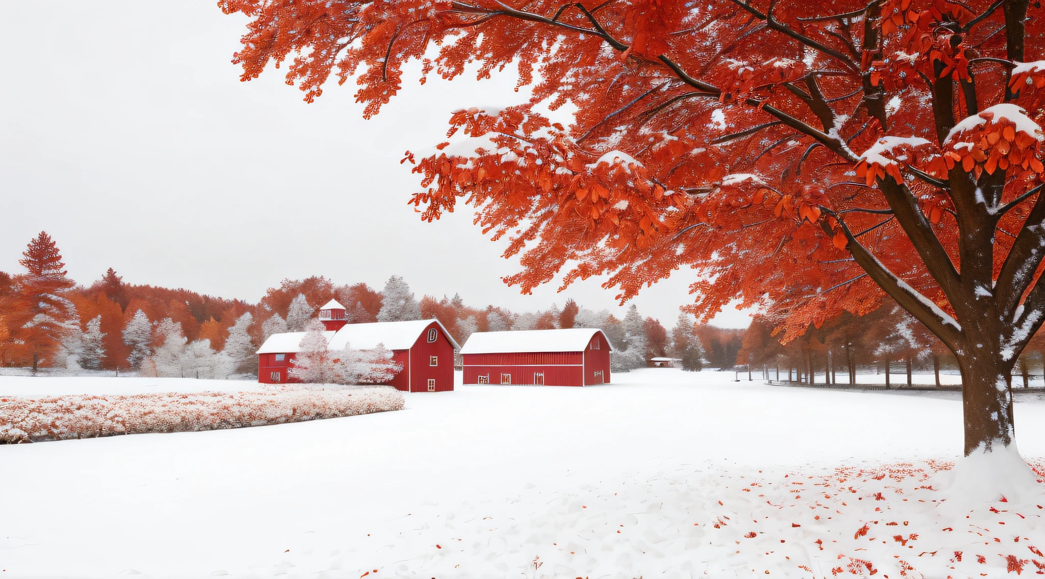 snowy scene of a barn and tree with red leaves in the foreground, warm beautiful scene, hd wallpaper, beautiful wallpaper, very beautiful photo, red and white colors, autumn season, high quality desktop wallpaper, with snow covered colourful red, scenery wallpaper, winter snow, winter in the snow, nature wallpaper, snowy winter, winter setting, snow fall, beautiful high resolution