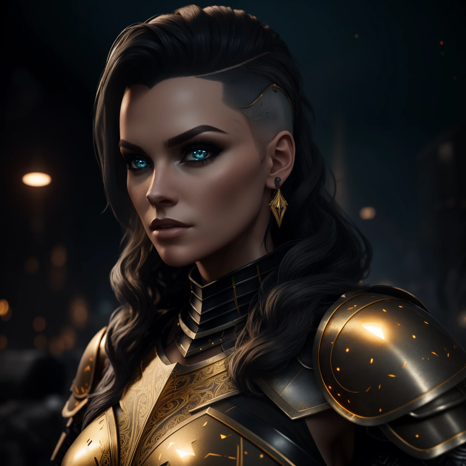 Valkyrie in black and gold intricate stitched (light armor:1.3) and black, long flowing white-haired, piercing blue eyes, wavy hair, fantasy, undercut hairstyle, intricate, sharp focus, highly detailed, hyperdetailed, intricate background, apocalyptic background, dark fantasy, volumetric lighting, unreal engine
