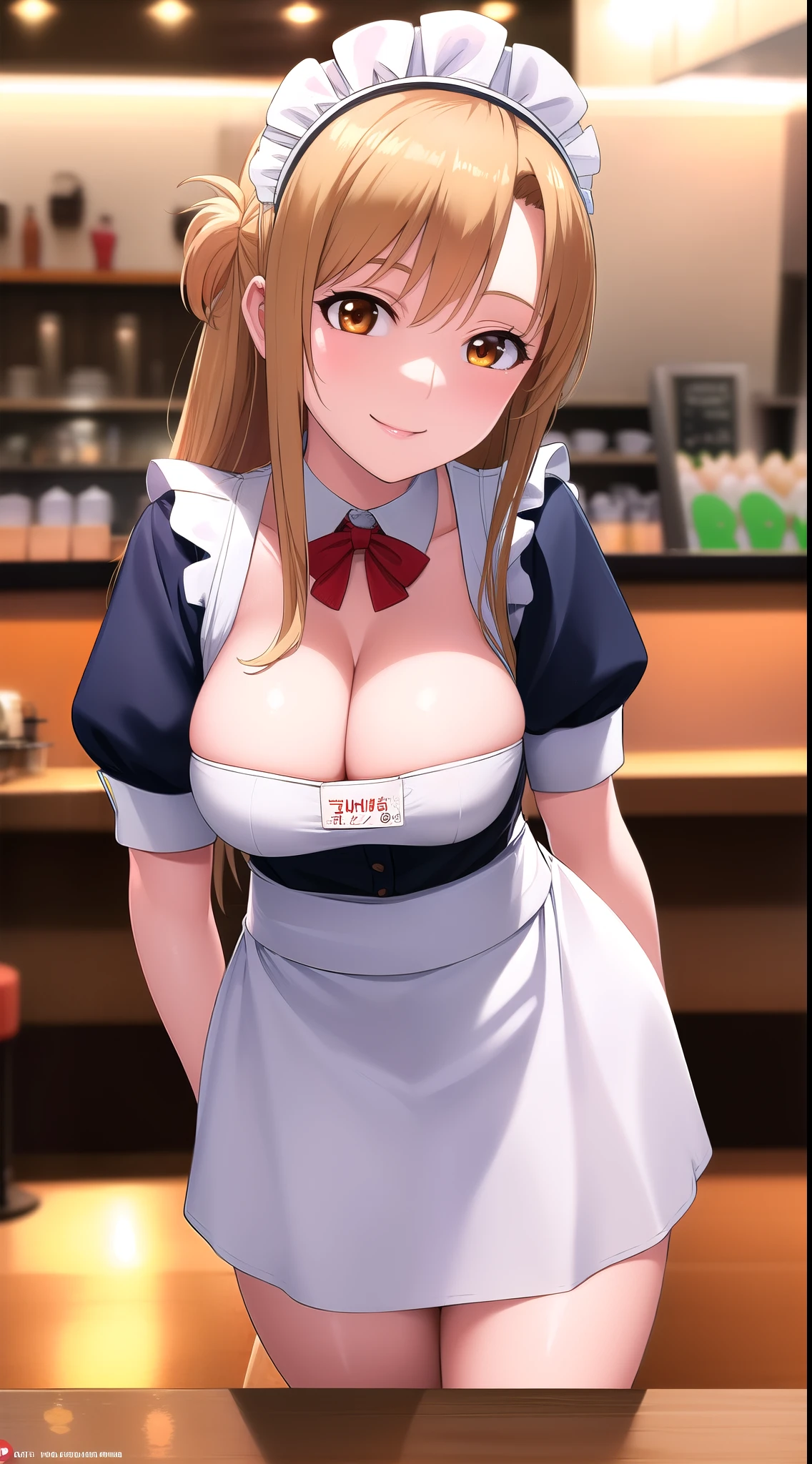 (best quality:1.5, highres, UHD, 4K, detailed lighting, shaders), asuna yuuki, busty, thighs, cleavage, maid cafe outfit, smiling, pov, close shot, cafe background