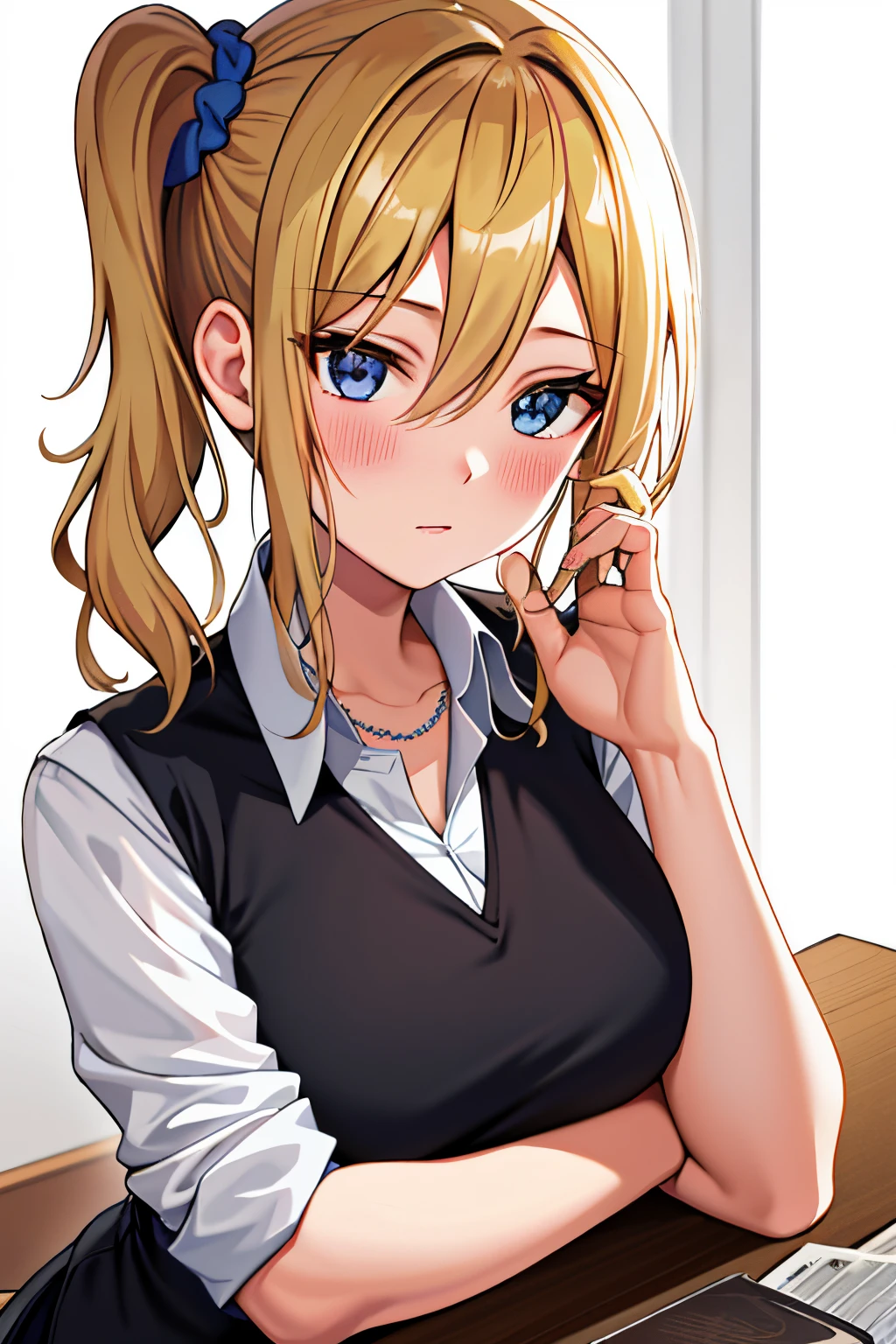 masterpiece, best quality, AiHayasakaV4, 1girl, solo, breasts, looking at viewer, blush, bangs, blue eyes, blonde hair,  background, shirt, hair ornament, white background, hair between eyes, jewelry, closed mouth, school uniform, white shirt, upper body, collared shirt, necklace, side ponytail, scrunchie, hair scrunchie, blue nails, blue scrunchie, shuuchiin academy school uniform