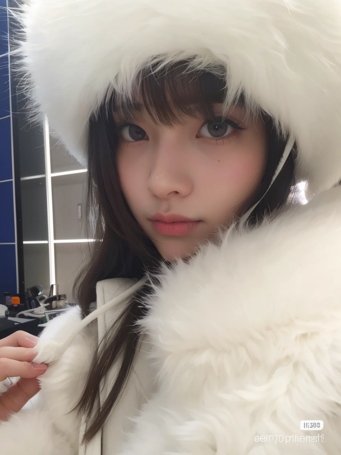 araffe wearing a white fur hat and a white coat, lalisa manobal, lalisa manoban of blackpink, ulzzang, pale snow white skin, with white fluffy fur, jaeyeon nam, shikamimi, white fur, fluffy bangs, jinyoung shin, bae suzy, wan adorable korean face, white bangs, sakimichan