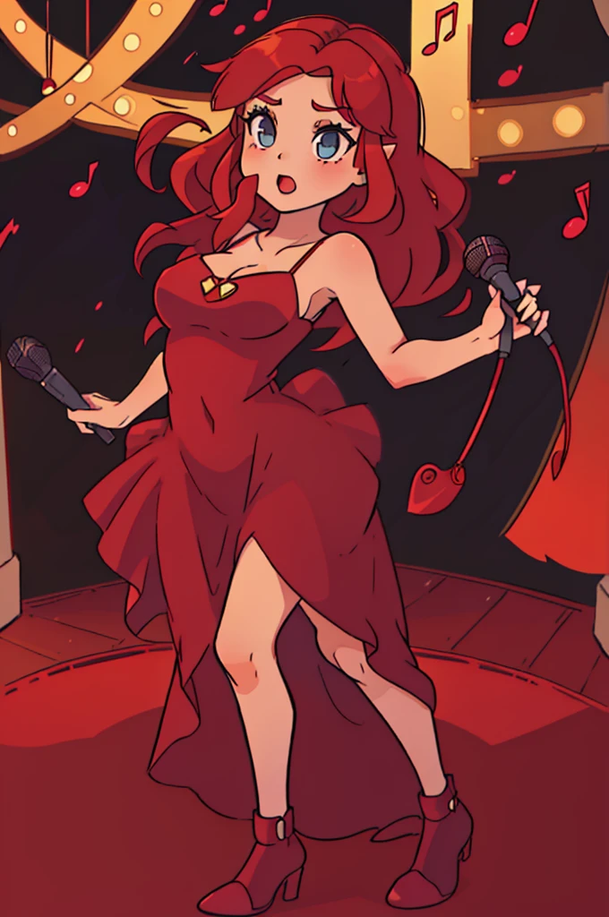 girl, long red hair, full body, long red elegant dress, standing straight, singing a seductive song on stage of a jazz club, bare shoulders, show a little ankle, holding a standing microphone