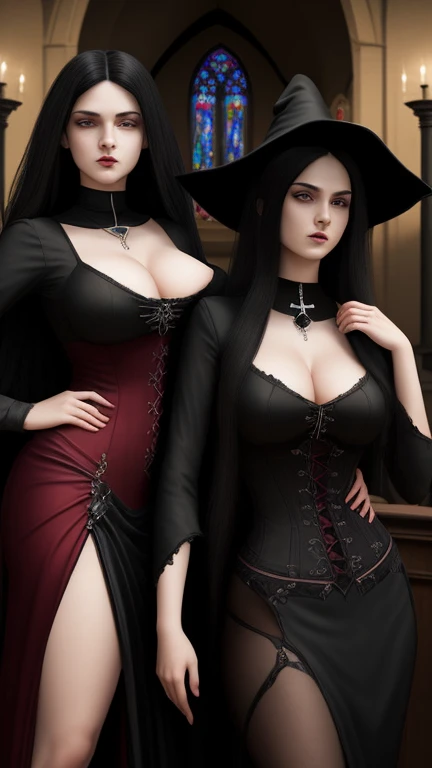 a beautiful naughty female witch black cape thigh high stockings breasts exposed and areolas. masterpiece, highest quality, (perfect face:1.1) , (high detail:1.1), dramatic, female triplets, breasts, white hair, red eyes, cleavage, long hair, curvy, large breasts,