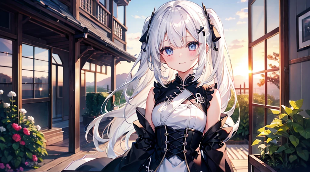 1 girl of the highest quality,Solo, black ribbon white hair。A smile。greet。Fantasy clothes。Home garden。at the sunset。Cute eyes。top-quality。