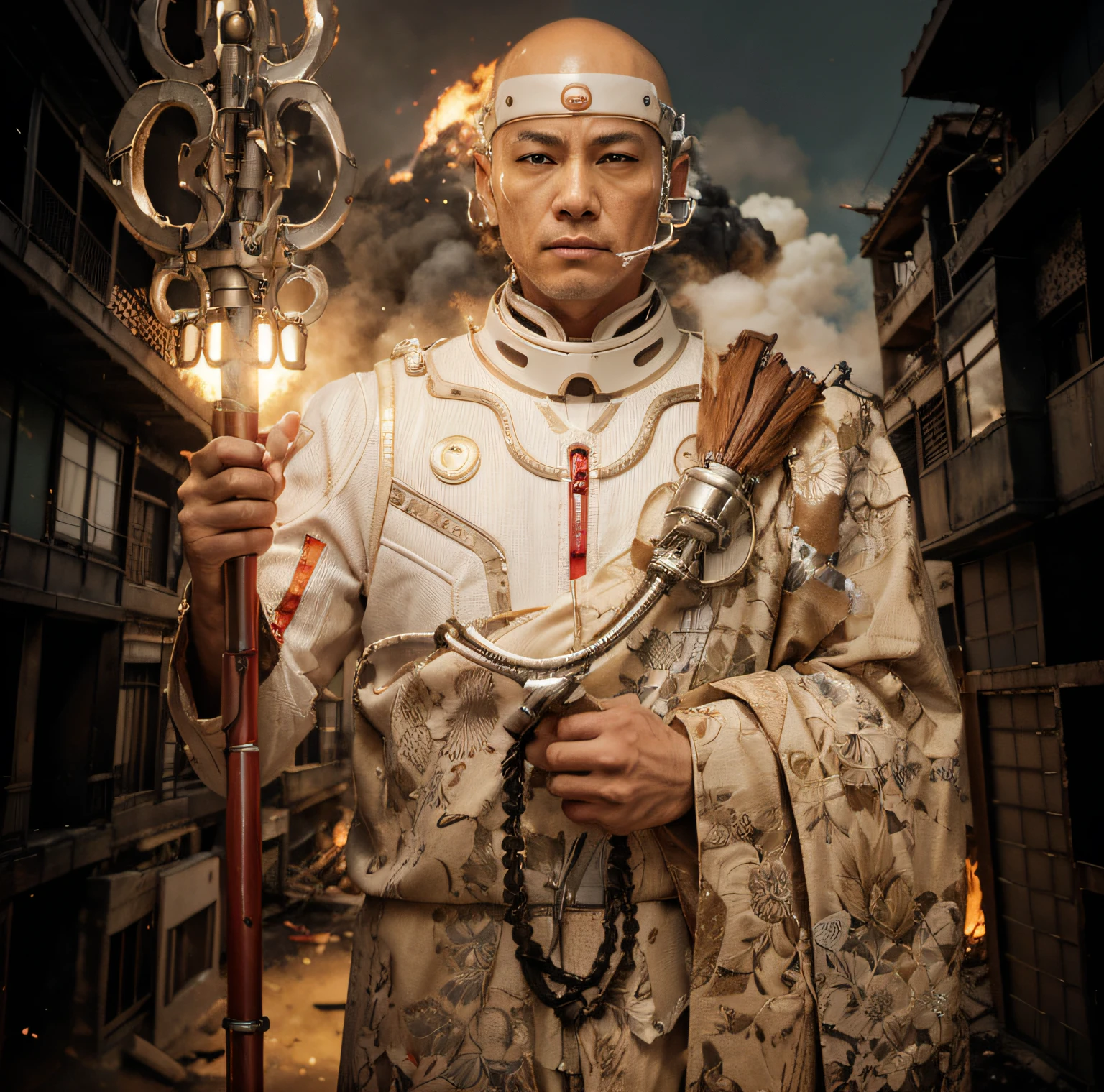 japanese monk, Cara japonesa, pronto, has a bionic device grafted to his head, a white bionic suit with red details, sobre ese traje lleva ropa como la de un monje budista beige, in one hand he holds a metal cane, en el otro un mal budista, he is in a completely destroyed modern asian city, mucho fuego, Explosiones, humo, 4k, Imagen ultra detallada, realista, Altamente detallado, perfect composition, splendid, Intrincadamente detallado, Incredibly detailed, 8 k artistic photography, hiper detallado, Obra maestra, Ultra detallado, hiperrealista, 4k, Imagen ultra detallada, realista, Altamente detallado, perfect composition, splendid, Intrincadamente detallado, Incredibly detailed, 8K fine art photography, hiper detallado, Obra maestra