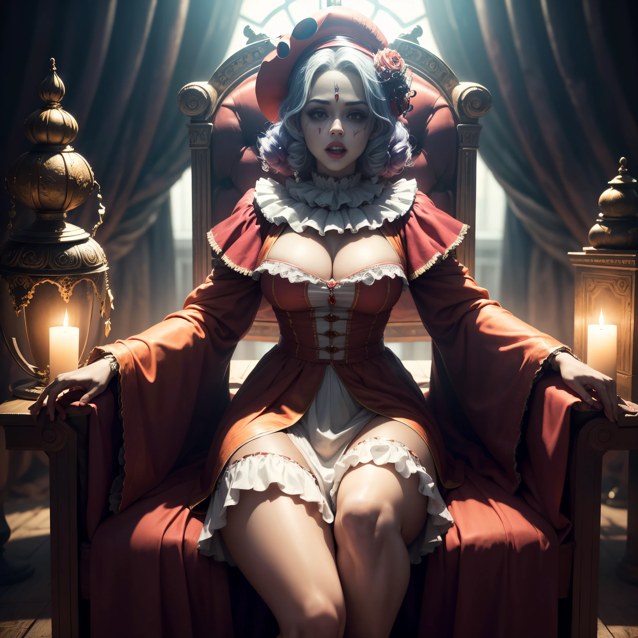 Crazy Clown Queen, sentado em um trono de ouro, Wear a clown hat, Wear clown costumes, Luvas, Cores vivas, Rindo, Cabelos loiros profundos, Seios bonitos, horror , (they didn't wear panties),cabelos ondulados, bom, e salto alto. sangue, Circus props, Atmosfera assustadora, fundo assombrado. estilo surrealista, Contraste, ominous lighting, high-density imaging review, ultra-high definition, studio lighting,physics based rendering, extreme detail description, profissional (horror )