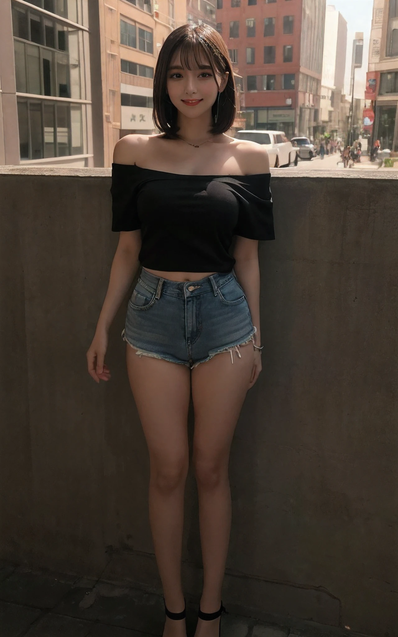 masutepiece, Best Quality, Illustration, Ultra-detailed, finely detail, hight resolution, 8K Wallpaper, Perfect dynamic composition, Beautiful detailed eyes, Off-shoulder t shirt and denim mini shorts,Bob Hair, mid-chest, Natural Color Lip, Random and sexy poses,Smile,20 years girl Colossal tits、nightclub、