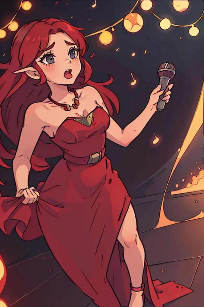 girl, long red hair, full body, long red elegant dress, standing straight, singing a seductive song on stage of a jazz club, bare shoulders, show a little ankle, holding one microphone, strapless